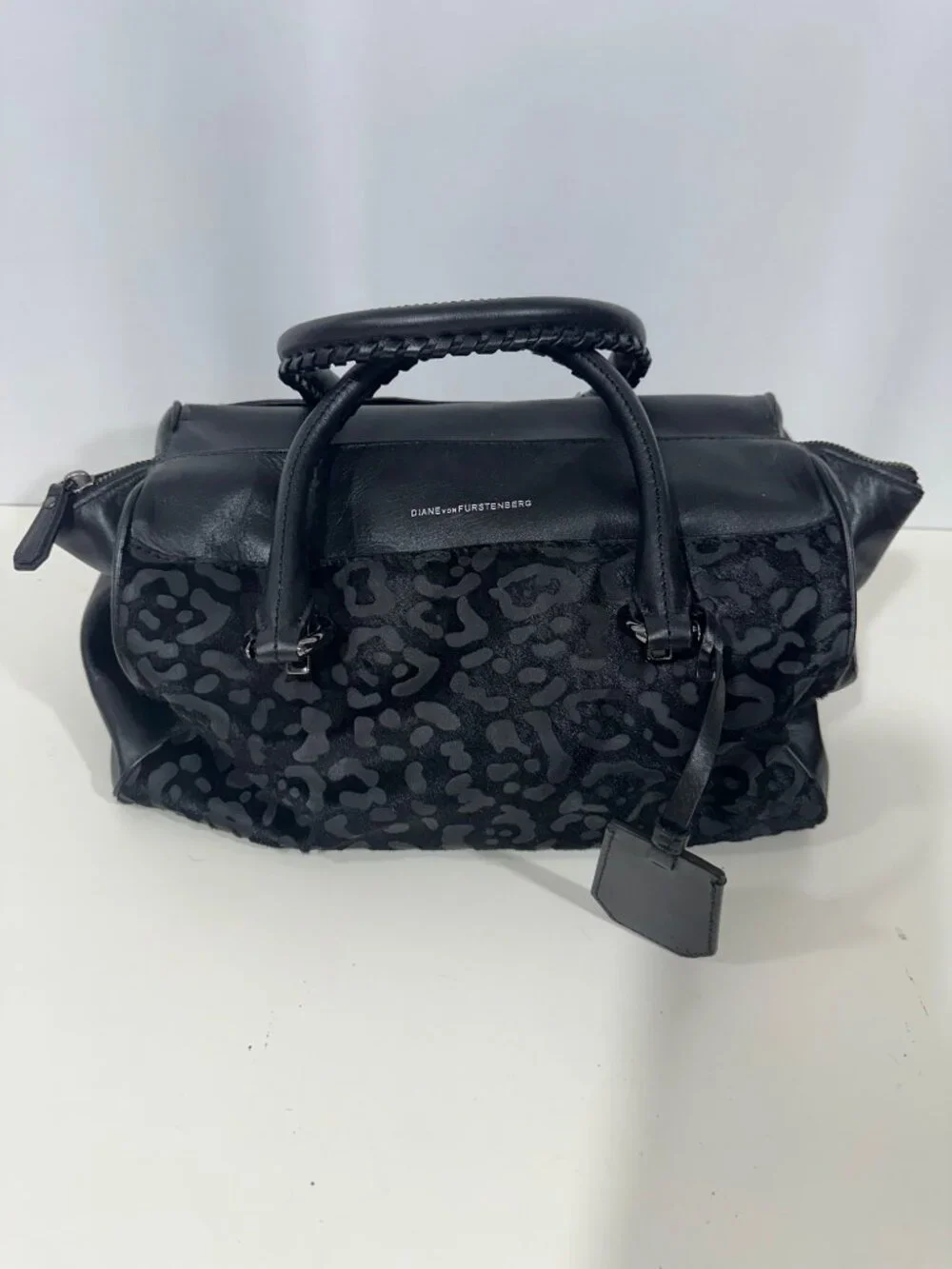Diane von Furstenberg Drew Black Leopard Haircalf Leather Satchel Bag DVF Purse